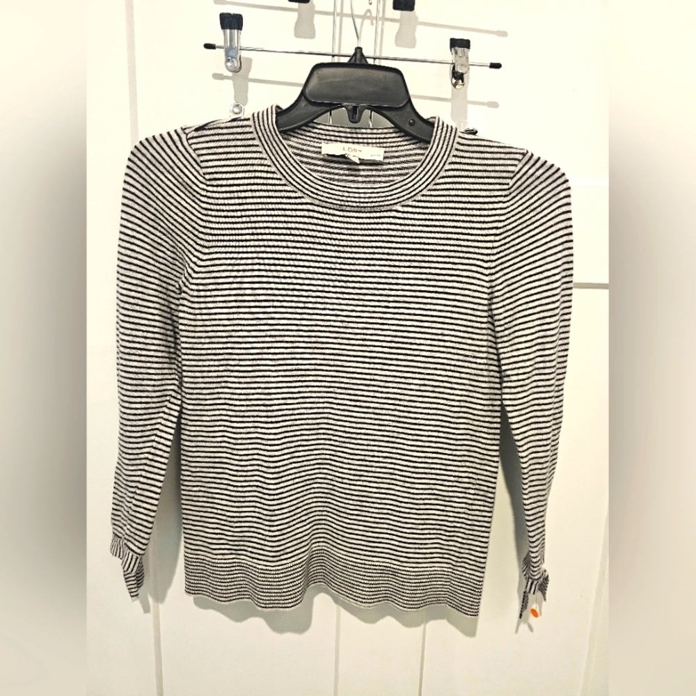 LOFT Petites SP Striped Tie Sleeve Sweater Small Petite Navy White Knit Pullover